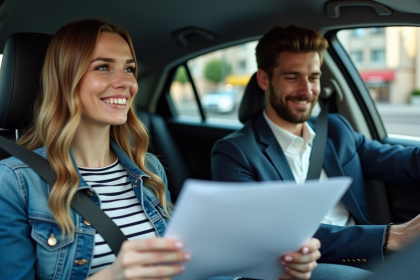 Femme souriante avec papiers d'assurance dans une voiture