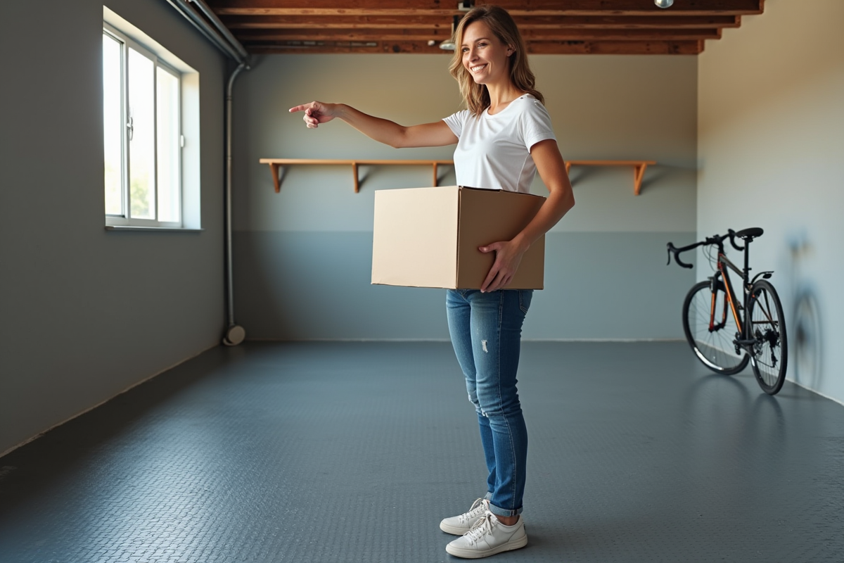 Femme souriante montrant le sol PVC installé dans le garage