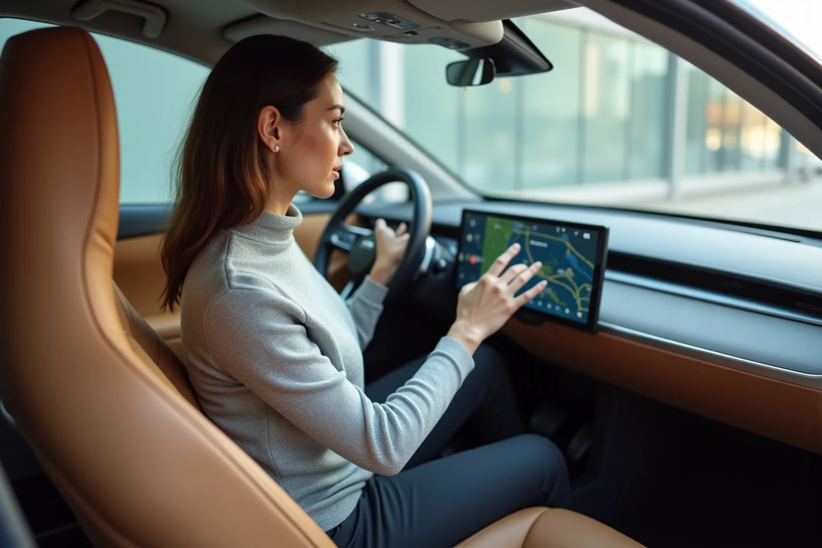 Femme au volant d'une voiture autonome connectée interagissant avec un tableau de bord numérique futuriste