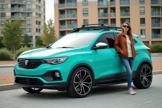 Femme élégante posant contre une voiture Aztek customisée en ville