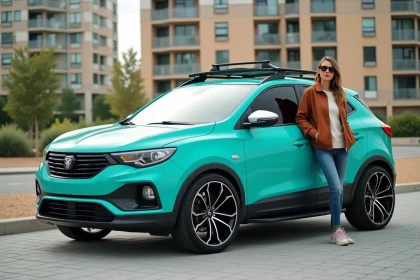 Femme élégante posant contre une voiture Aztek customisée en ville