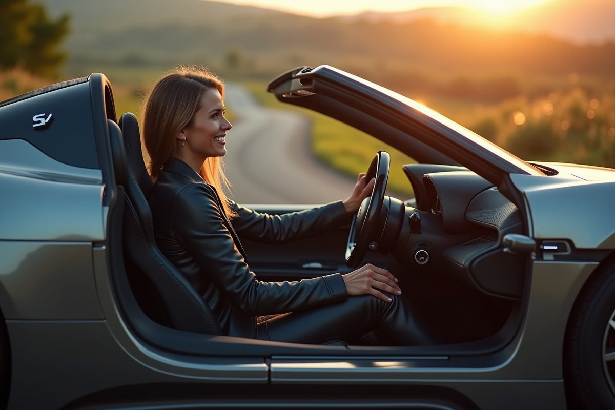 Femme dans une voiture futuriste au lever du soleil en extérieur