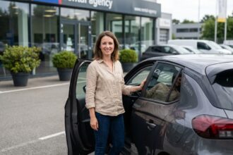 Femme souriante à côté d'une voiture de location adaptée aux conducteurs sans permis dans un parking d'agence