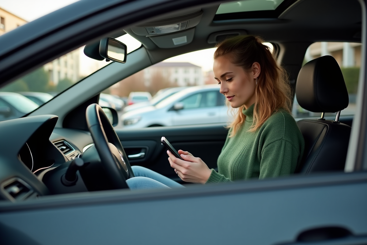 Jeune femme dans une voiture vérifiant une police d assurance sur son téléphone