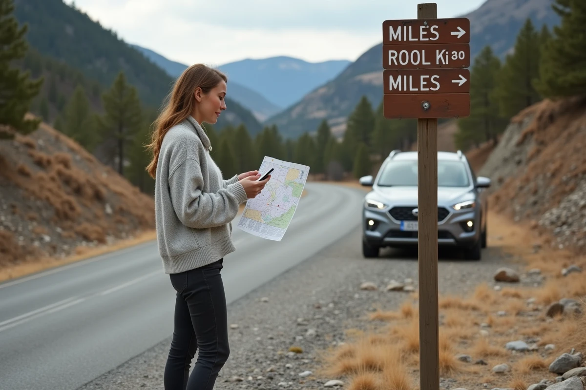 Femme en voyage longue distance consultant un convertisseur miles en kilomètres sur smartphone près d'une voiture de location en montagne