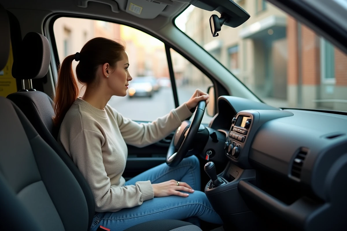 Jeune femme évaluant le tableau de bord d