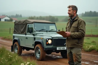Fermeur avec véhicule 4x4 en campagne verdoyante