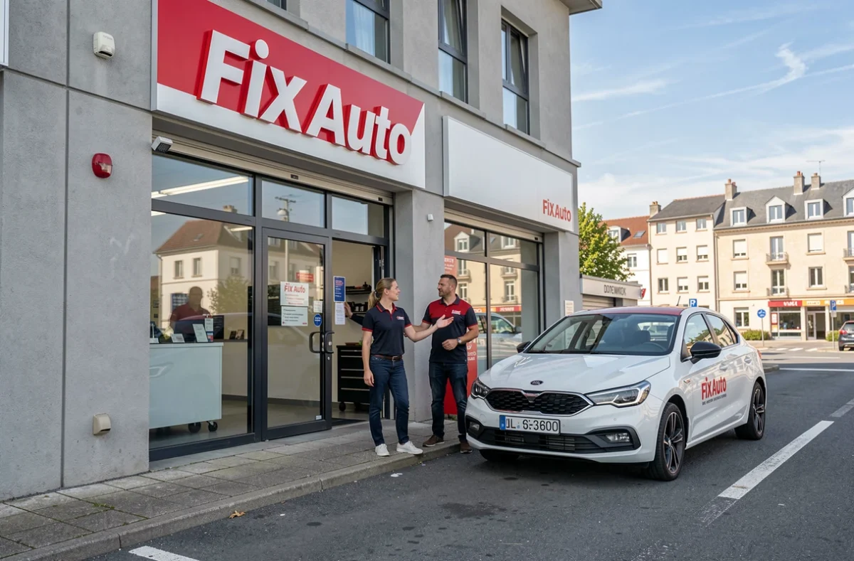 Façade du centre Fix Auto Dijon avec un conseiller accueillant un client devant un véhicule réparé
