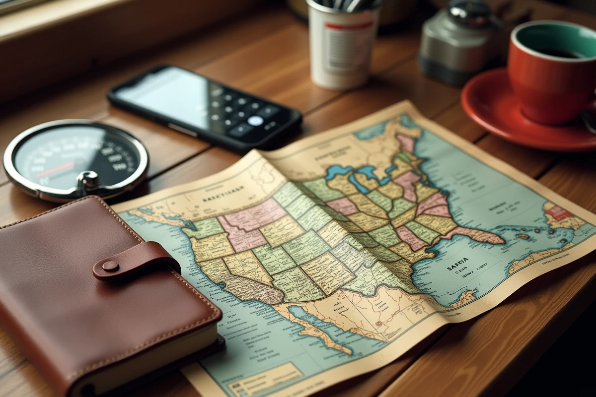 Vue aérienne d'une table avec carte routière, compteur de vitesse miles et km, journal de voyage et application de conversion sur smartphone