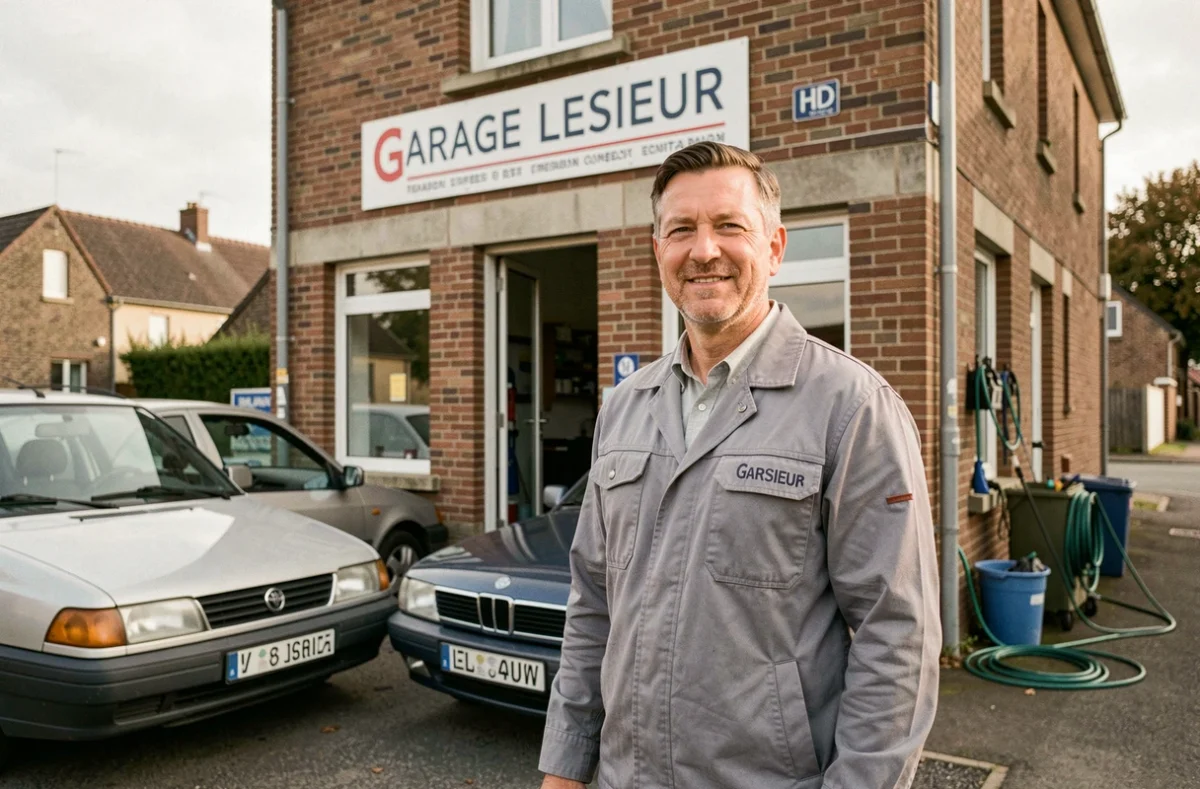Propriétaire du Garage Lesieur posant devant la façade de son atelier en Calvados