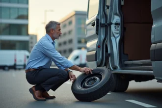 Homme moyenâgeux vérifiant la roue de secours d'une camionnette