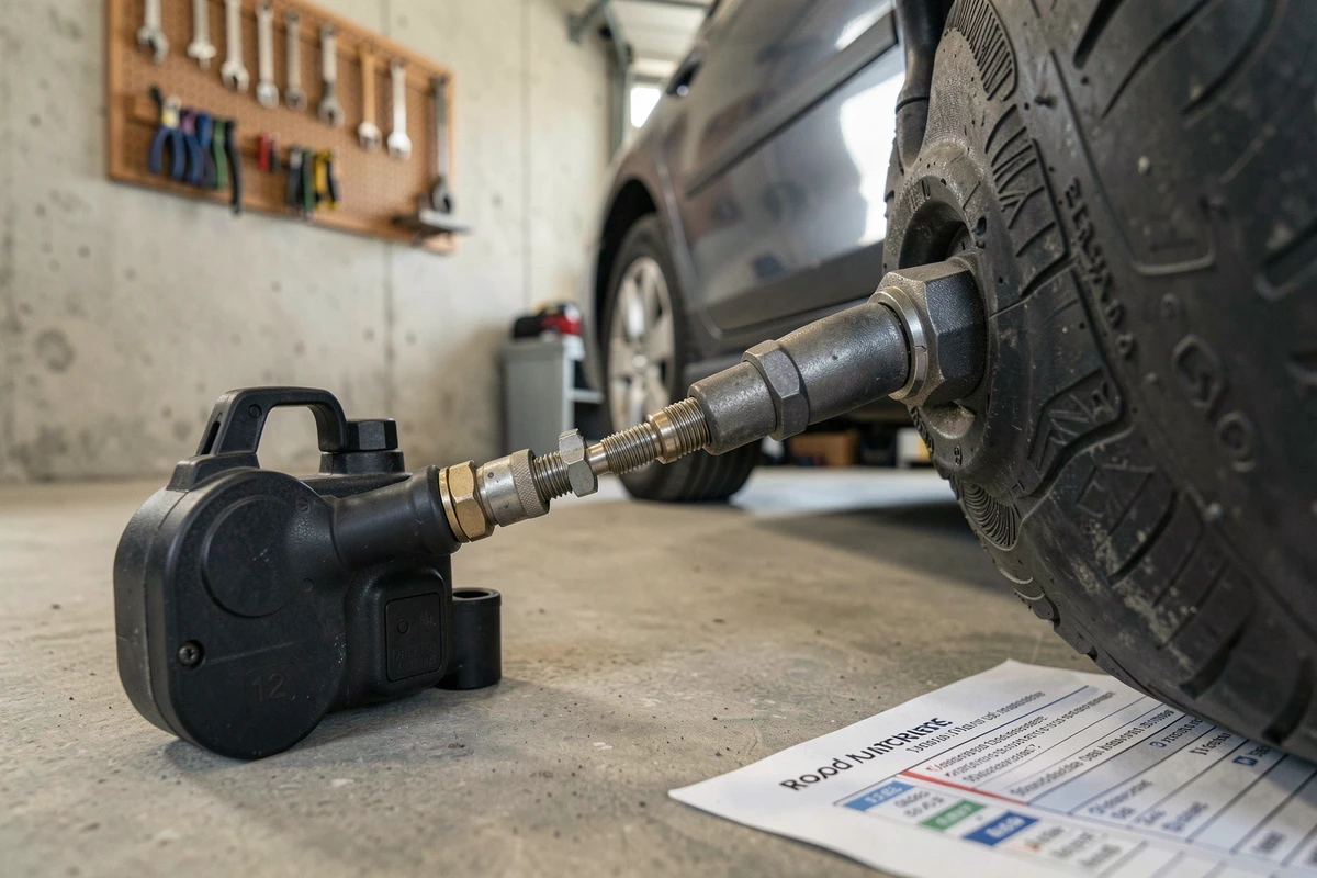 Gros plan sur le gonflage d'un pneu avec un compresseur portable branché dans le garage avant un long trajet
