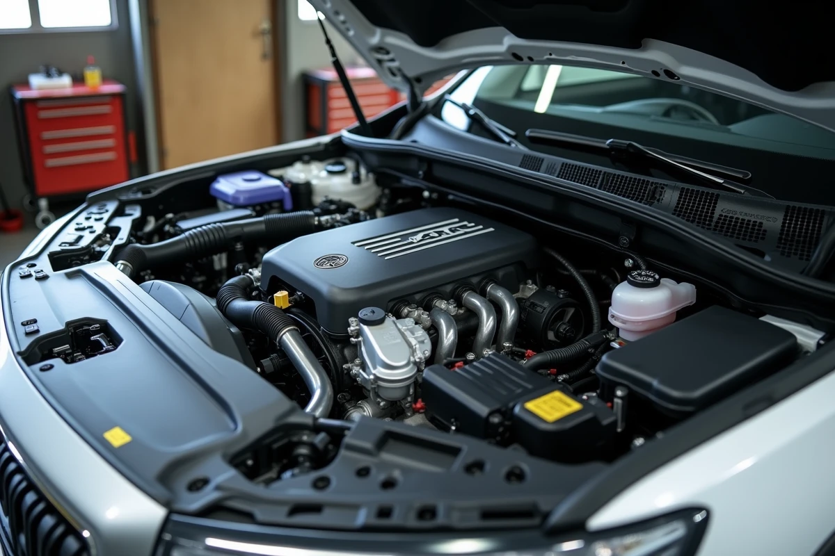 Gros plan sur le moteur turbo d'un SUV familial bien entretenu dans un garage