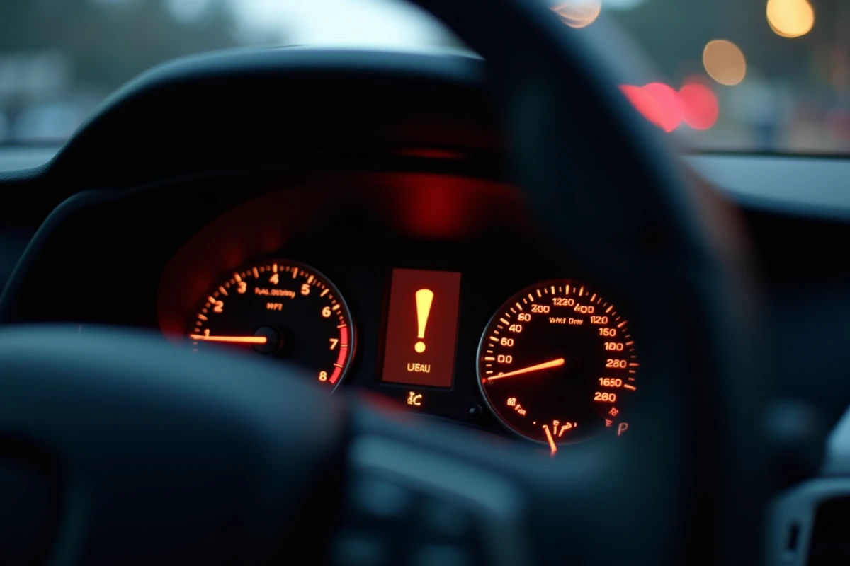 Gros plan sur le voyant point d'exclamation orange allumé sur le tableau de bord d'une voiture moderne, signalant une panne intermittente