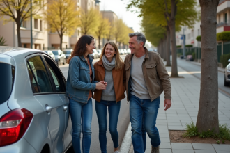 Quatre amis souriants entrant dans une voiture dans un quartier résidentiel