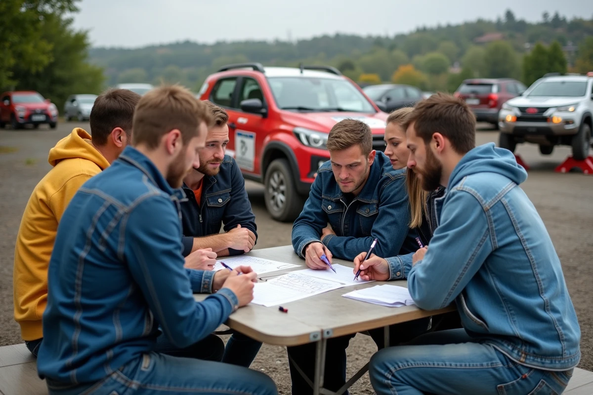Groupe de passionnes de rallye autour d une table