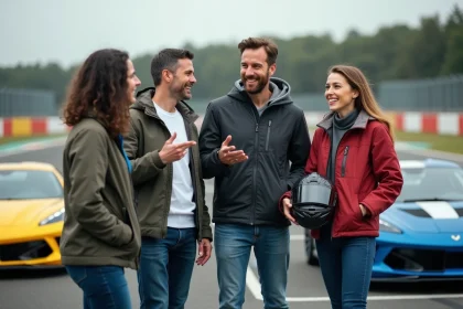 Groupe de quatre adultes avec voitures sport au circuit