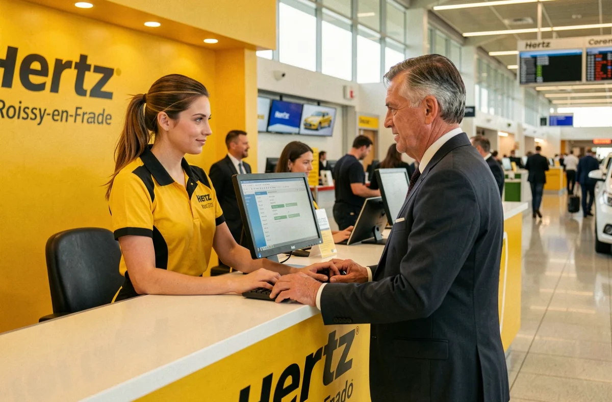 Comptoir Hertz à l'aéroport de Roissy-en-France avec un agent assistant un voyageur d'affaires