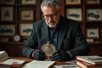 Historien automobile examinant un ancien emblème en métal