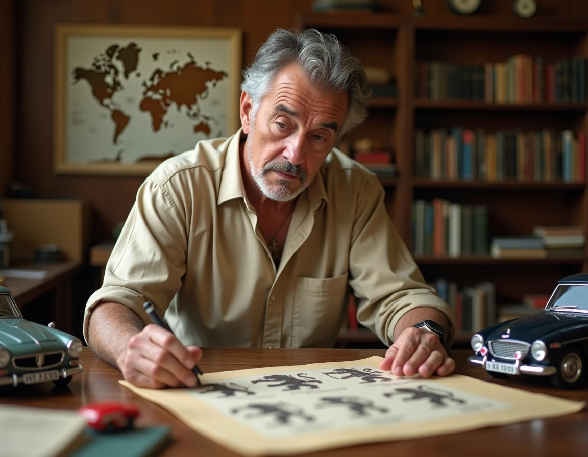 Historien automobile étudiant l'évolution du logo lion héraldique Peugeot sur des documents d'archives dans un atelier