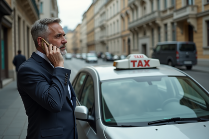 Homme d affaires parlant au téléphone près d une voiture cassée en ville