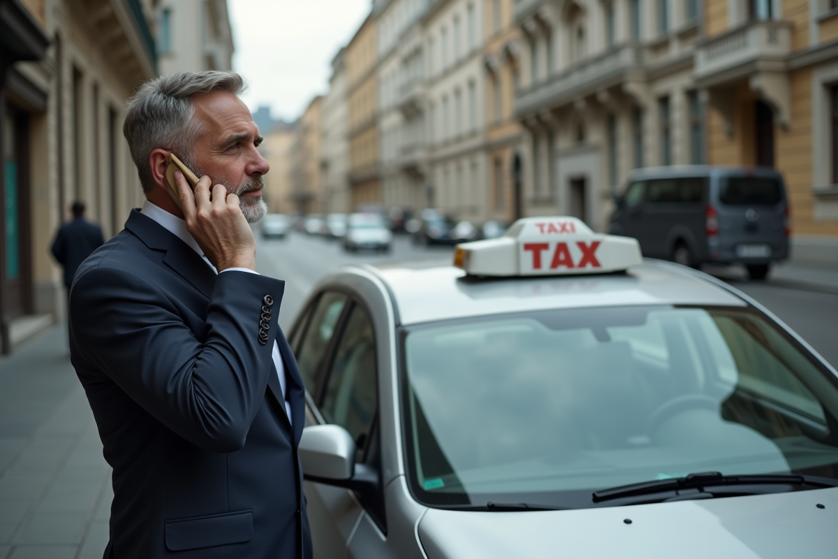Homme d affaires parlant au téléphone près d une voiture cassée en ville