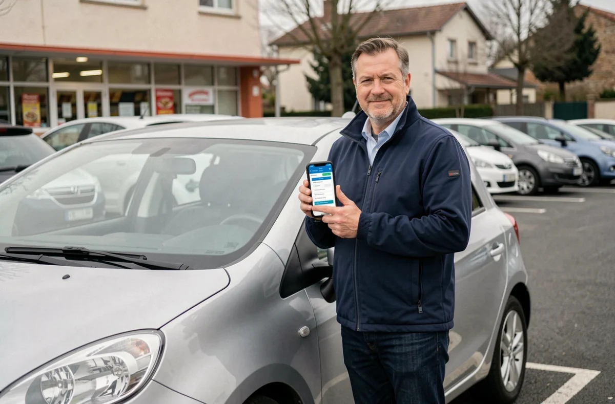 Homme utilisant une application mobile pour trouver une assurance voiture économique