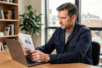 Homme consultant l'argus des scooters sur un guide imprimé et un ordinateur portable dans un bureau à domicile