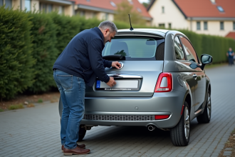 Homme attachant une plaque d'immatriculation à une voiture