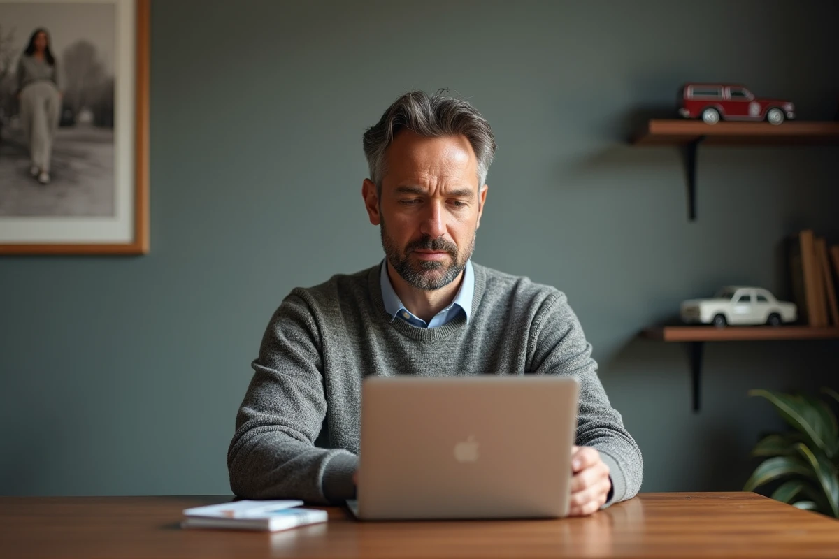 Homme d'âge moyen travaillant à son bureau avec ordinateur et carte
