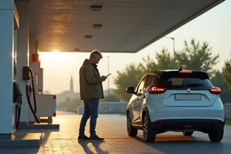 Homme d'âge moyen près de sa voiture à la station Mille