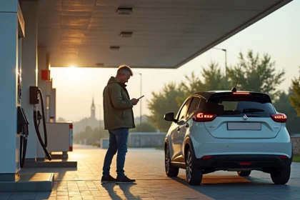Homme d'âge moyen près de sa voiture à la station Mille