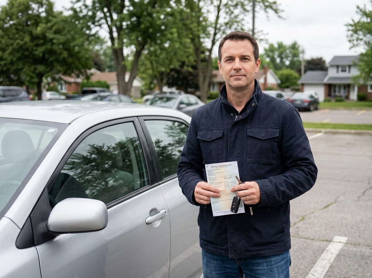 Homme tenant une carte grise et des clés de voiture lors d'une transaction de véhicule d'occasion