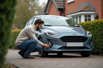Jeune homme vérifiant la pression du pneu d'une Ford Fiesta