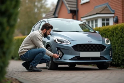 Jeune homme vérifiant la pression du pneu d'une Ford Fiesta