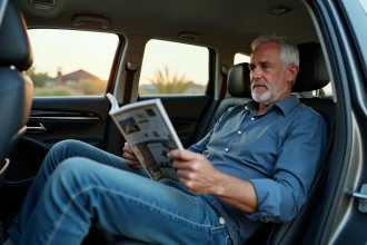 Homme d'âge moyen dans une voiture spacieuse et moderne