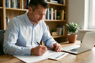 Homme consultant son contrat d'assurance auto à son bureau pour changer d'assureur sans perdre son bonus