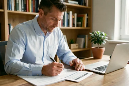 Homme consultant son contrat d'assurance auto à son bureau pour changer d'assureur sans perdre son bonus