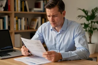 Homme lisant attentivement un contrat d'assurance scooter avant de le résilier à son bureau