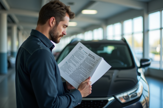 Homme tenant un rapport de controle automobile dans un parking lumineux