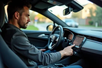 Homme en conduite explorant le tableau de bord moderne