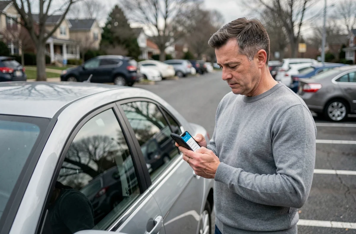 Homme utilisant son smartphone pour faire un devis assurance auto à côté de sa voiture