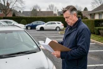 Homme consultant des documents d'assurance auto à côté de sa voiture dans un parking suburban