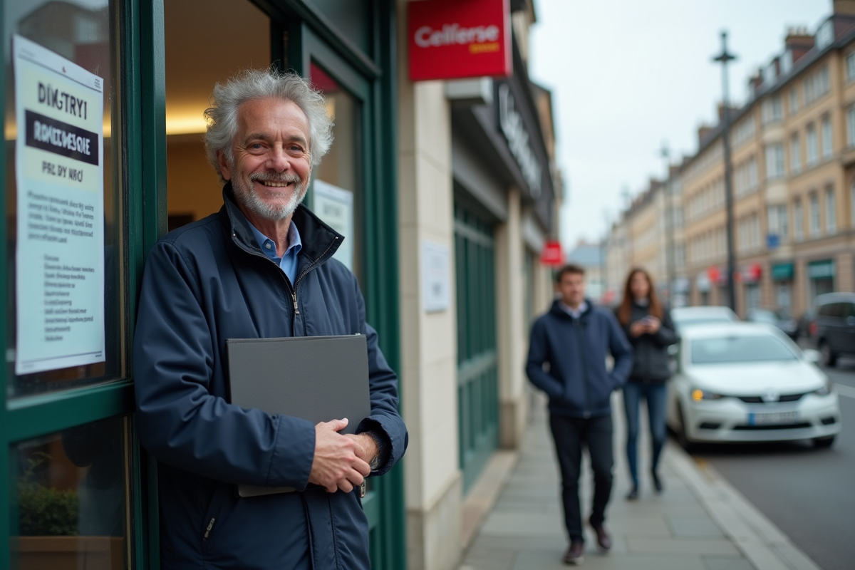 Homme souriant devant une école de conduite en ville