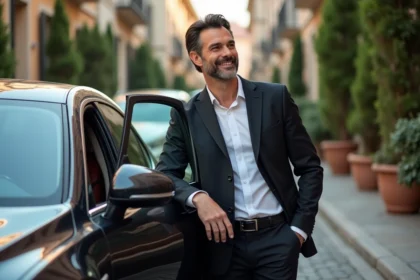 Homme élégant devant une voiture de luxe urbaine