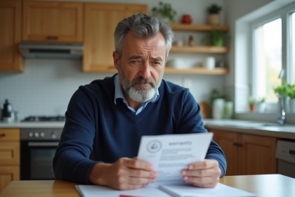 Homme inquiet avec smartphone et papiers de garantie