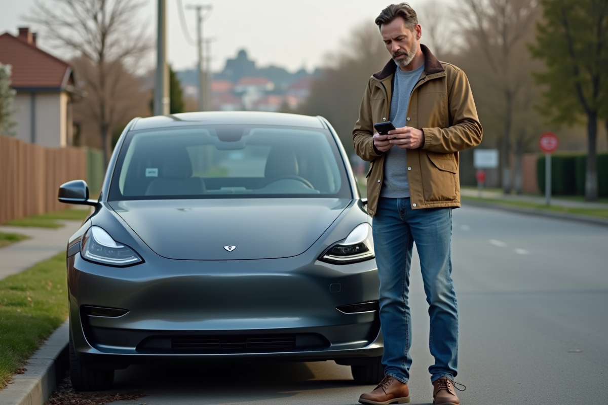 Homme inquiet à côté d'une voiture électrique en banlieue