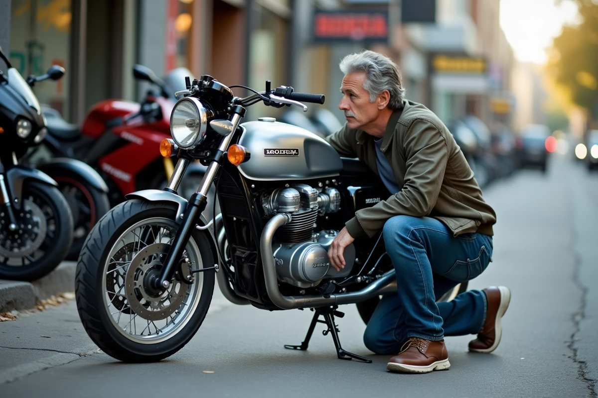 Homme inspectant une moto Honda CB750 d'occasion