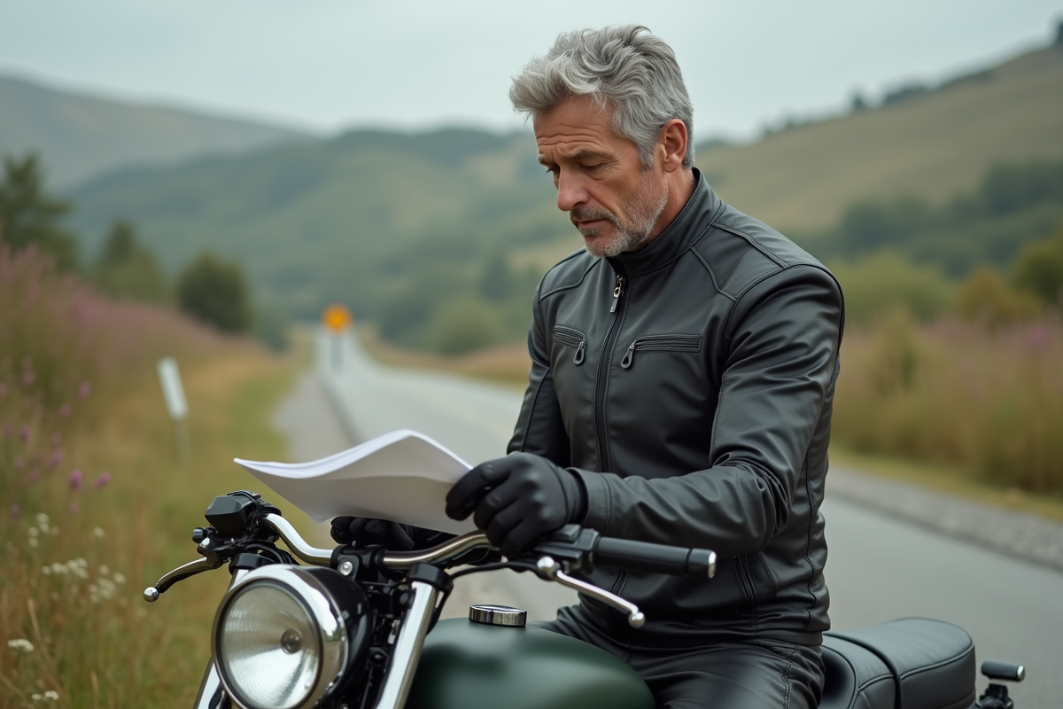 Homme en tenue de moto vérifiant son permis sur une route rurale