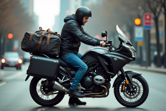 Homme en moto avec sac de voyage en ville